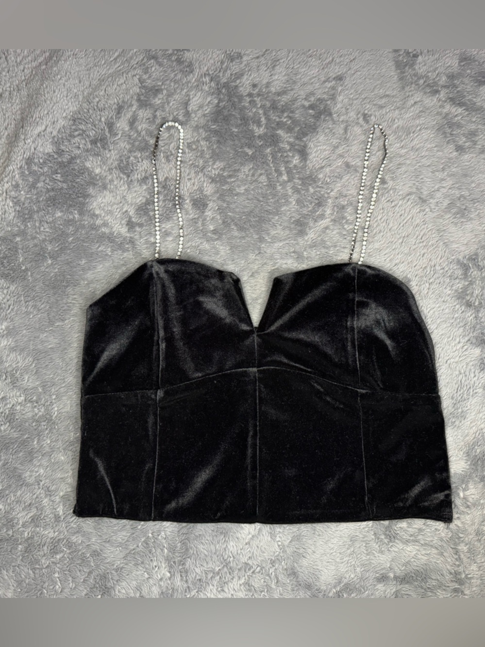 Stradivarius Black Velvet Crop Top with Rhinestone Straps